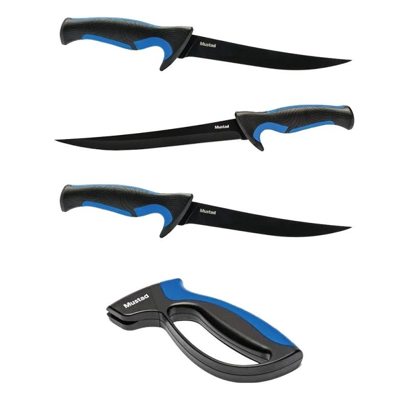 Set Coltelli Mustad Kit Knife 3pc con Affilacoltelli